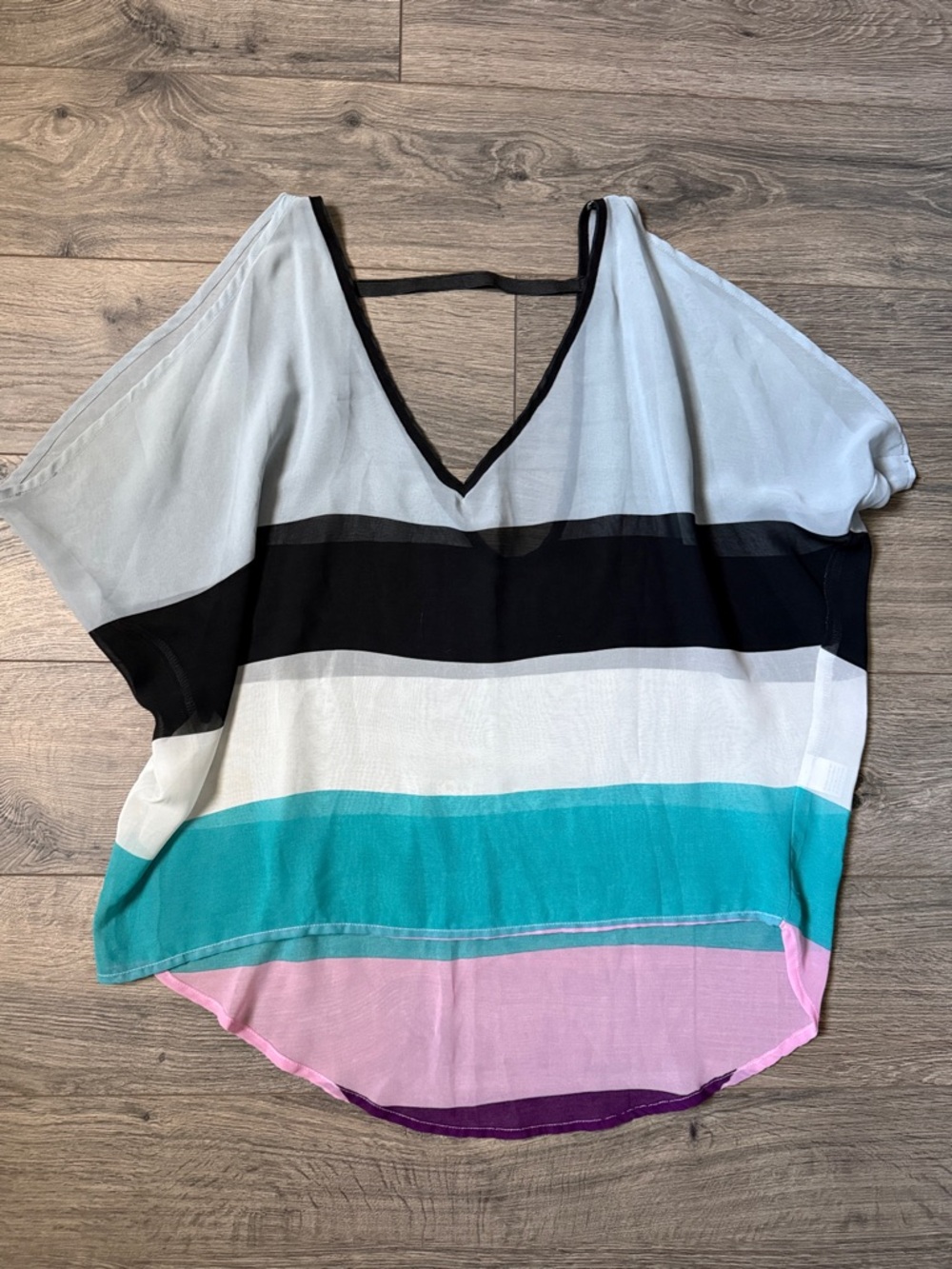 Striped V-Neck Sheer Top in Black, White, Teal & Pink